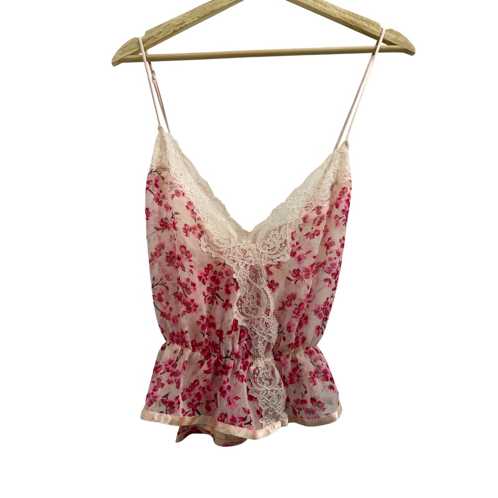 Victoria's Secret Pink Floral Cherry‎ Blossom Lace Trim Peplum Camisole Top L